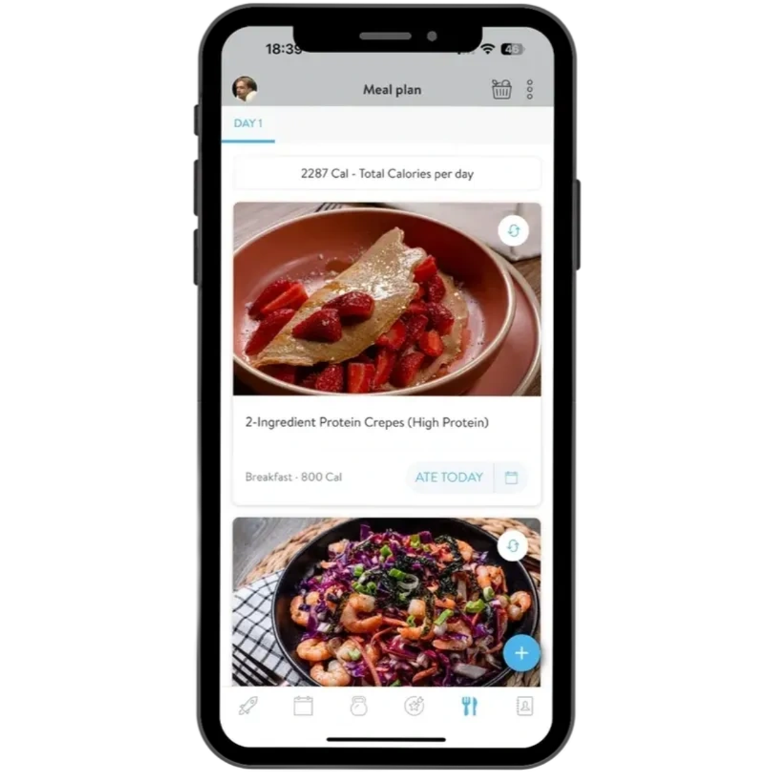 Trainerize meal plan on Andres Fitness app showing high protein breakfast recipe