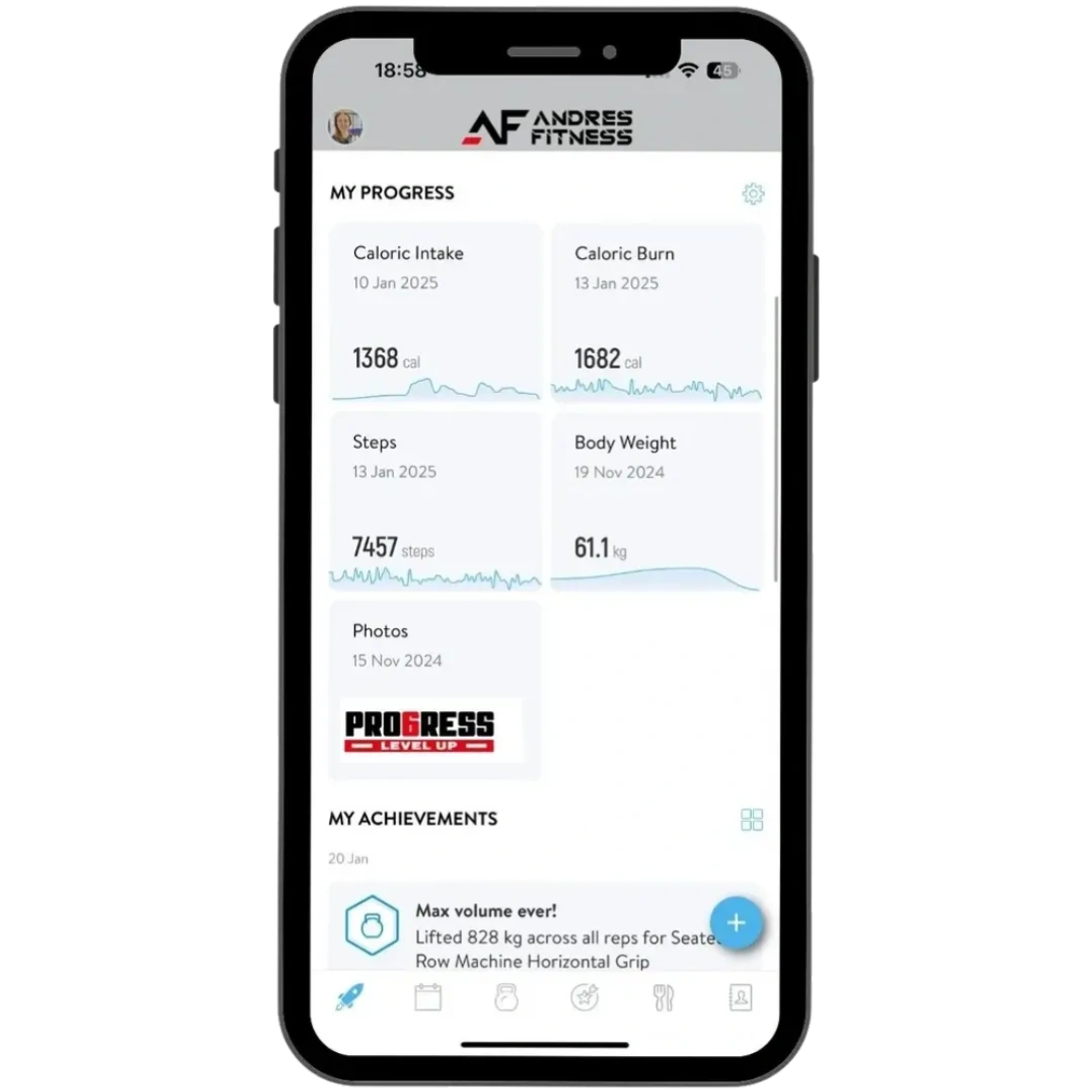 Andres Fitness Trainerize app dashboard showing calorie, weight and steps progress tracking