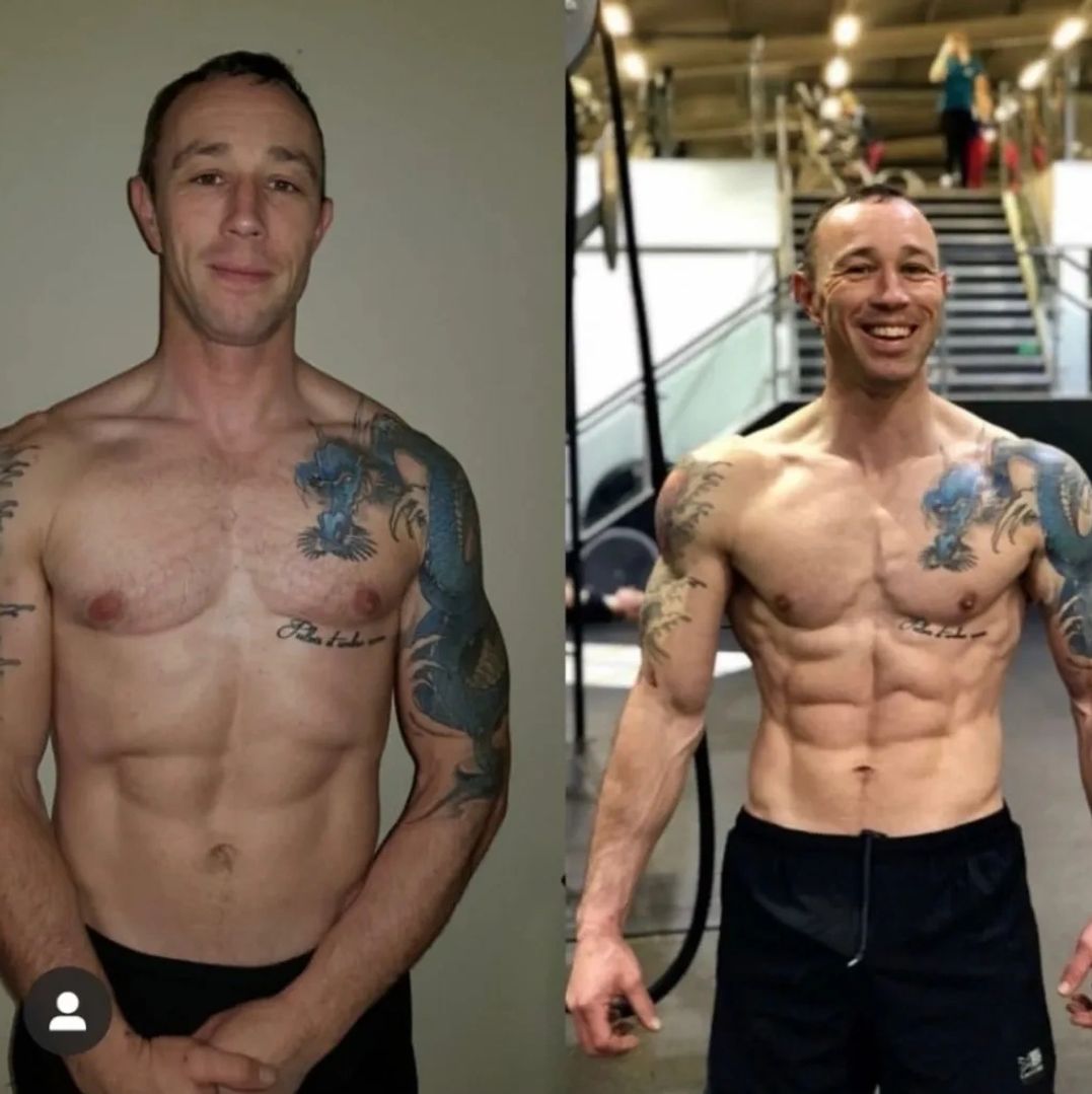 Male muscle building transformation showing six pack abs after PT coaching