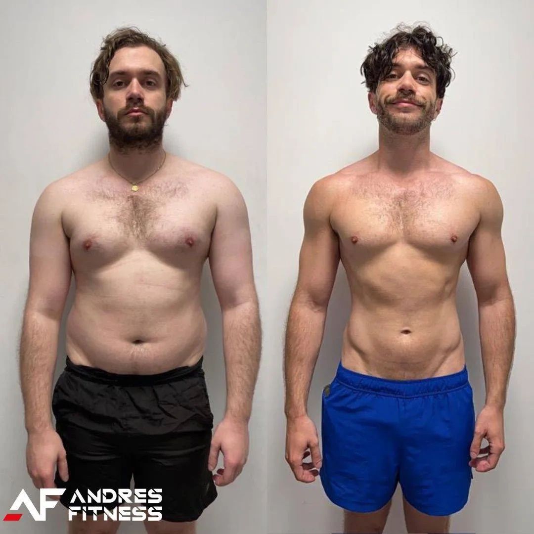 Male fat loss transformation showing leaner midsection after Andres Fitness coaching programme